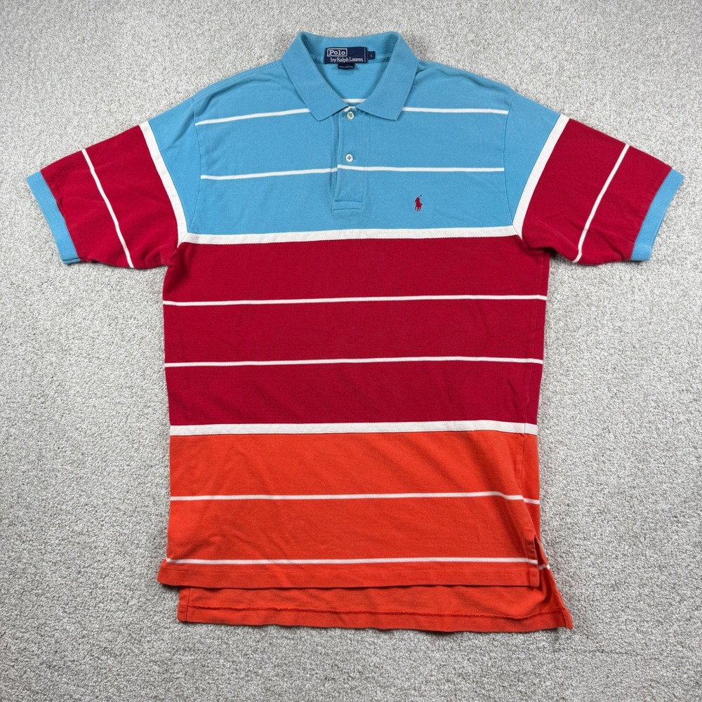 Polo Ralph Lauren Polo Shirt Mens L Blue Red Orange Striped Colorblock Pique